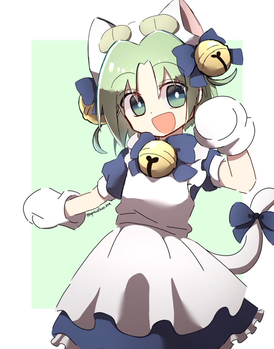 apricotlaze rtm, dejiko, di gi charat, hashtag-only commentary, highres, 1girl, :d, animal ears, animal hat, apron, bell, border, bow, bright pupils, cat ears, cat girl, cat hat, cat tail, cowboy shot, dress, gloves, green background, green eyes, green hair, hair bell, hair ornament, hat, jingle bell, looking at viewer, mittens, neck bell, open mouth, parted bangs, paw pose, short hair, short sleeves, simple background, smile, solo, standing, tail, tail bow, tail ornament, white apron, white border, white mittens, white pupils