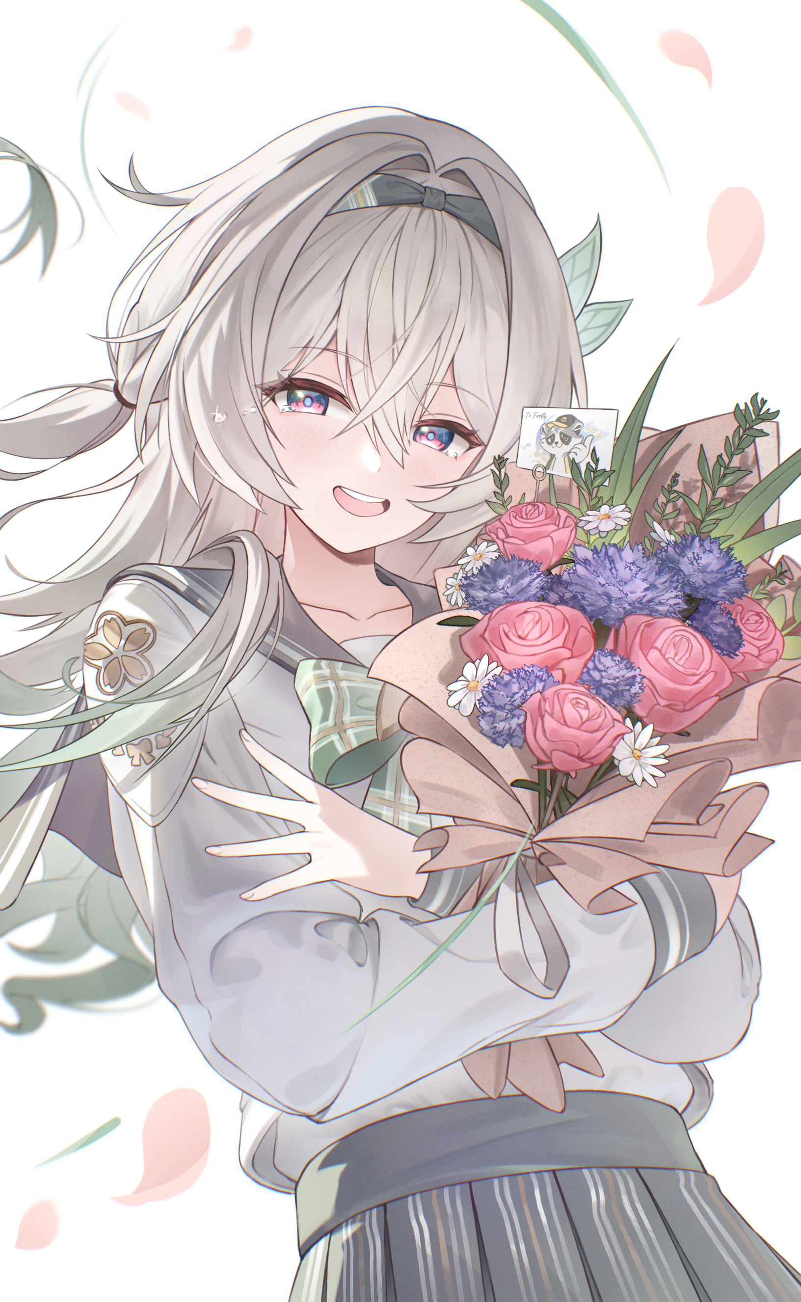 ppot, firefly (honkai: star rail), firefly (spring missive) (honkai: star rail), honkai: star rail, honkai (series), absurdres, commentary request, highres, aqua bow, aqua bowtie, black hairband, blue pupils, bouquet, bow, bowtie, cowboy shot, crossed arms, falling petals, floating hair, flower, galactic baseballer (honkai: star rail), gradient hair, green hair, grey hair, grey sailor collar, grey skirt, hair between eyes, hair intakes, hairband, holding, holding bouquet, long sleeves, looking at viewer, multicolored hair, official alternate costume, open mouth, petals, purple eyes, sailor collar, school uniform, serafuku, shirt, simple background, skirt, smile, teeth, upper teeth only, white background, white shirt