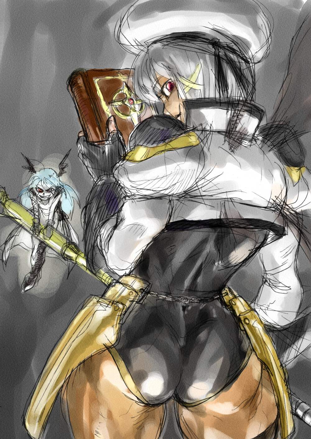 hey (bluebell), reinforce zwei, schwertkreuz, tome of the night sky, yagami hayate, lyrical nanoha, mahou shoujo lyrical nanoha, mahou shoujo lyrical nanoha a's, highres, 2girls, ass, hair ornament, multiple girls, muscular, staff, x hair ornament