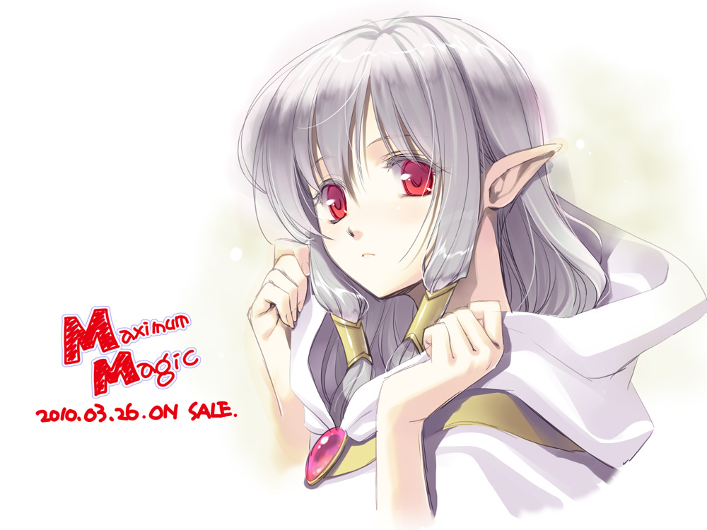 mashimaro, sedna, maximum magic, silver hair, 1girl, copyright name, female focus, hair tubes, hood, long hair, looking at viewer, pointy ears, portrait, red eyes, solo