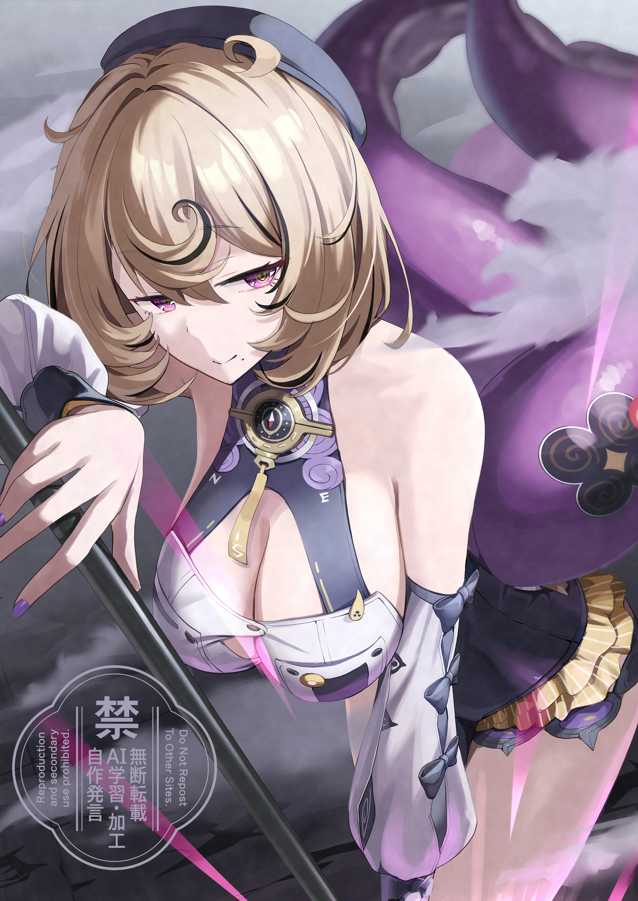 cyclone tarou, yidhari murphy, zenless zone zero, absurdres, commentary request, highres, 1girl, arm up, asymmetrical shorts, bare shoulders, beret, black hat, black shorts, blonde hair, blurry, blurry background, breasts, button gap, cleavage, closed mouth, cowboy shot, cowlick, detached sleeves, fingernails, grey background, hat, high-waist shorts, large breasts, leaning on weapon, looking to the side, mole, mole under mouth, purple eyes, purple nails, shirt, short hair, shorts, smile, solo, suction cups, tentacle girl, tentacle tail, tentacles, white shirt