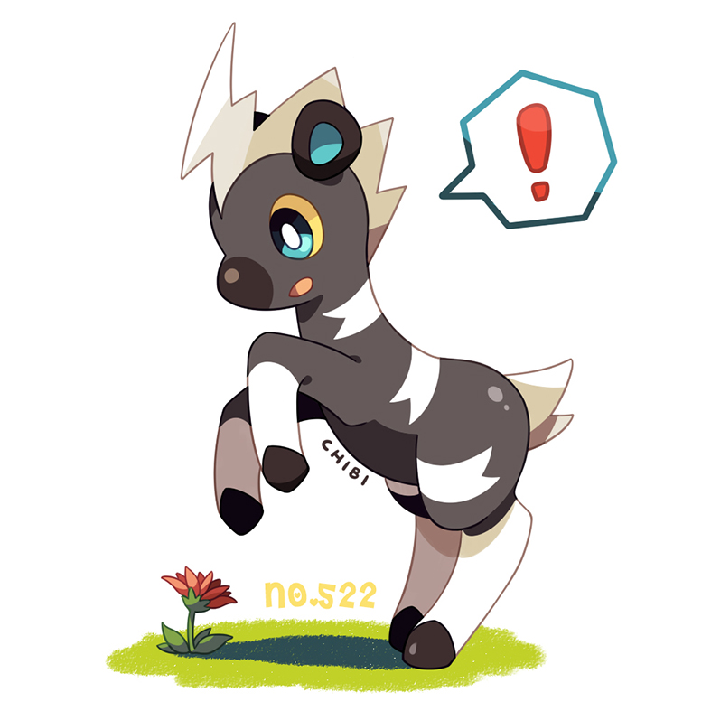 tomato mameta, blitzle, nintendo, pokemon, commentary request, !, colored sclera, flower, full body, gen 5 pokemon, horse, no humans, outdoors, pokemon (creature), solo, spoken exclamation mark, white background, yellow sclera