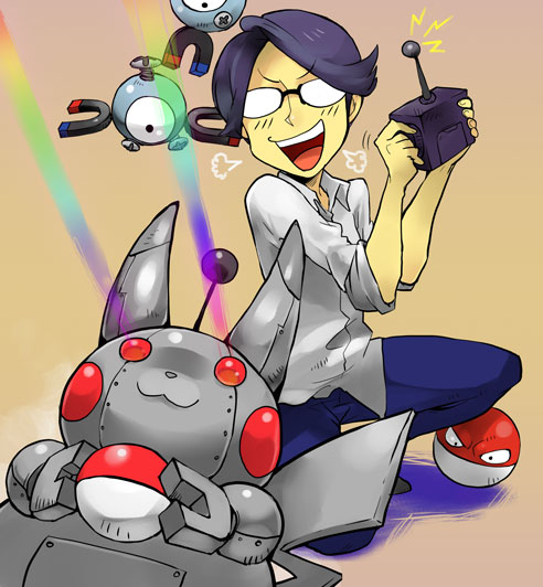 mikami, magnemite, pikachu, super nerd (pokemon), voltorb, nintendo, pokemon, pokemon gsc, pokemon hgss, 00s, 1990s (style), 1boy, controller, eye beam, gen 1 pokemon, glasses, holding, holding poke ball, male focus, mechanization, poke ball, poke ball (basic), pokemon (creature), rainbow, remote control, retro artstyle, robot