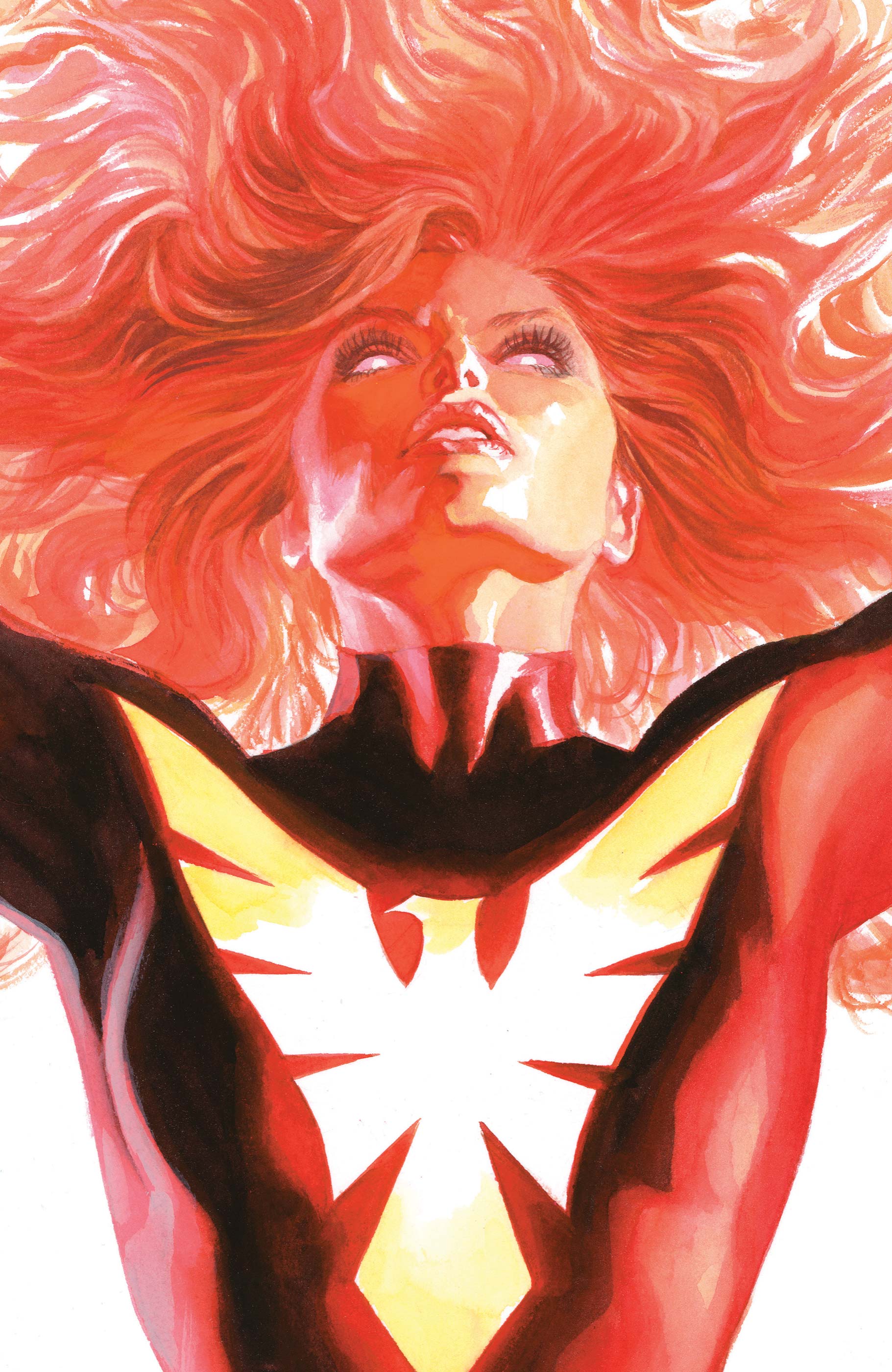 alex ross, jean grey, phoenix (x-men), marvel, x-men, absurdres, comic cover, highres, official art, 1girl, arms up, bodysuit, colored sclera, cover, cover page, floating hair, glowing, long hair, looking at viewer, looking down, parted lips, pink sclera, realistic, red bodysuit, red hair, solo, superhero costume, western comics (style), white background, white eyes