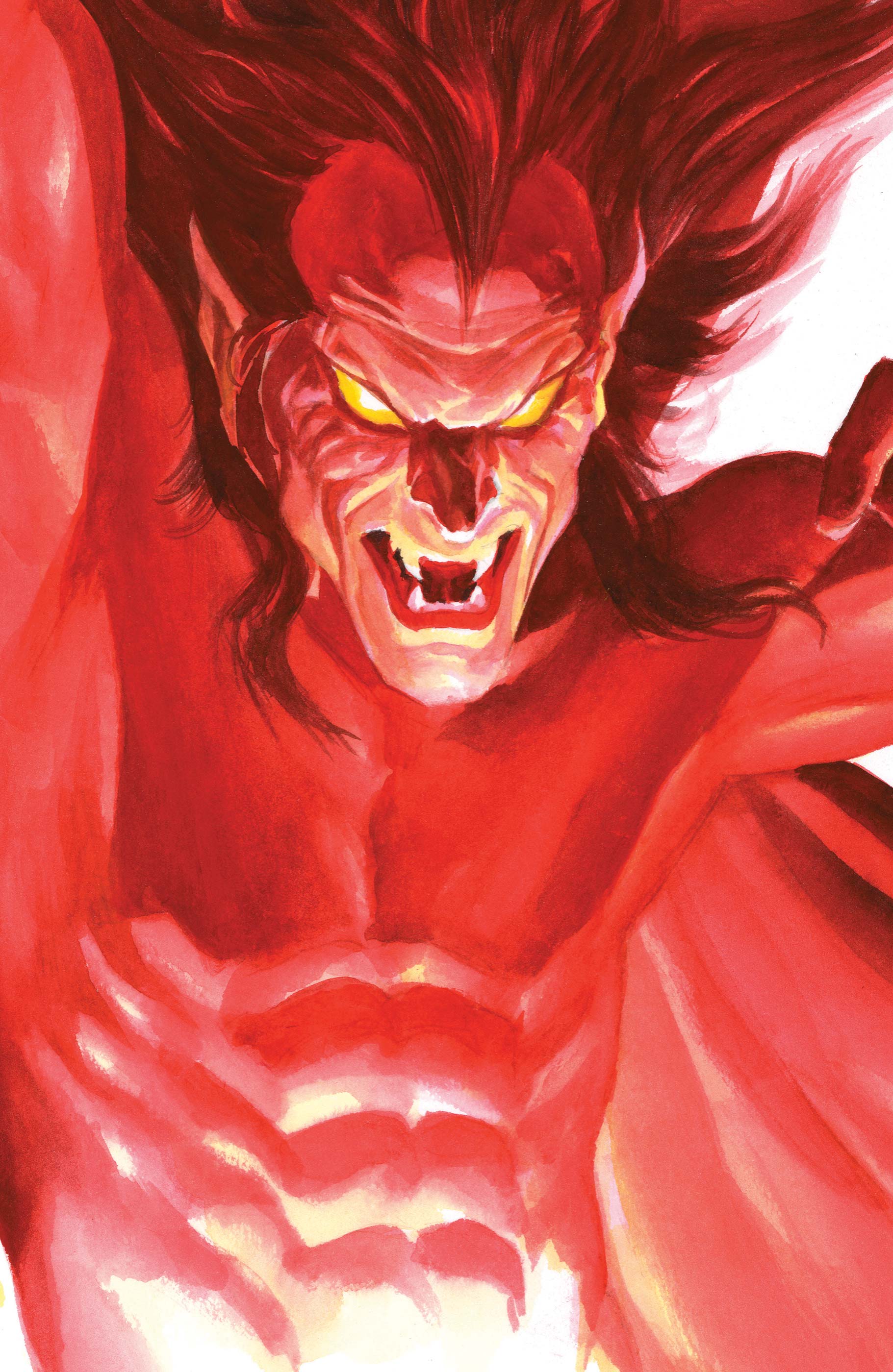 alex ross, marvel, absurdres, comic cover, highres, official art, 1boy, abs, arms up, cape, colored sclera, colored skin, cover, cover page, demon boy, fangs, looking at viewer, male focus, medium hair, mephisto (marvel), no pupils, obliques, open mouth, pointy ears, red cape, red hair, red skin, red theme, solo, topless male, western comics (style), white background, widow's peak, wrinkled skin, yellow sclera