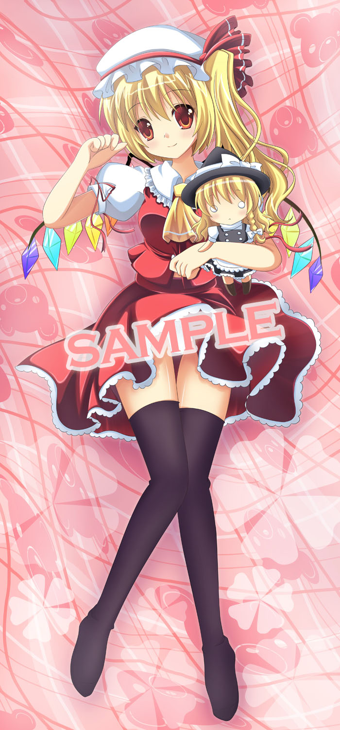 junkos, flandre scarlet, kirisame marisa, touhou, bad id, bad pixiv id, highres, 1girl, black thighhighs, blonde hair, character doll, dakimakura (medium), doll, female focus, hat, legs, red eyes, sample watermark, short hair, side ponytail, solo, thighhighs, watermark, wings, witch, witch hat