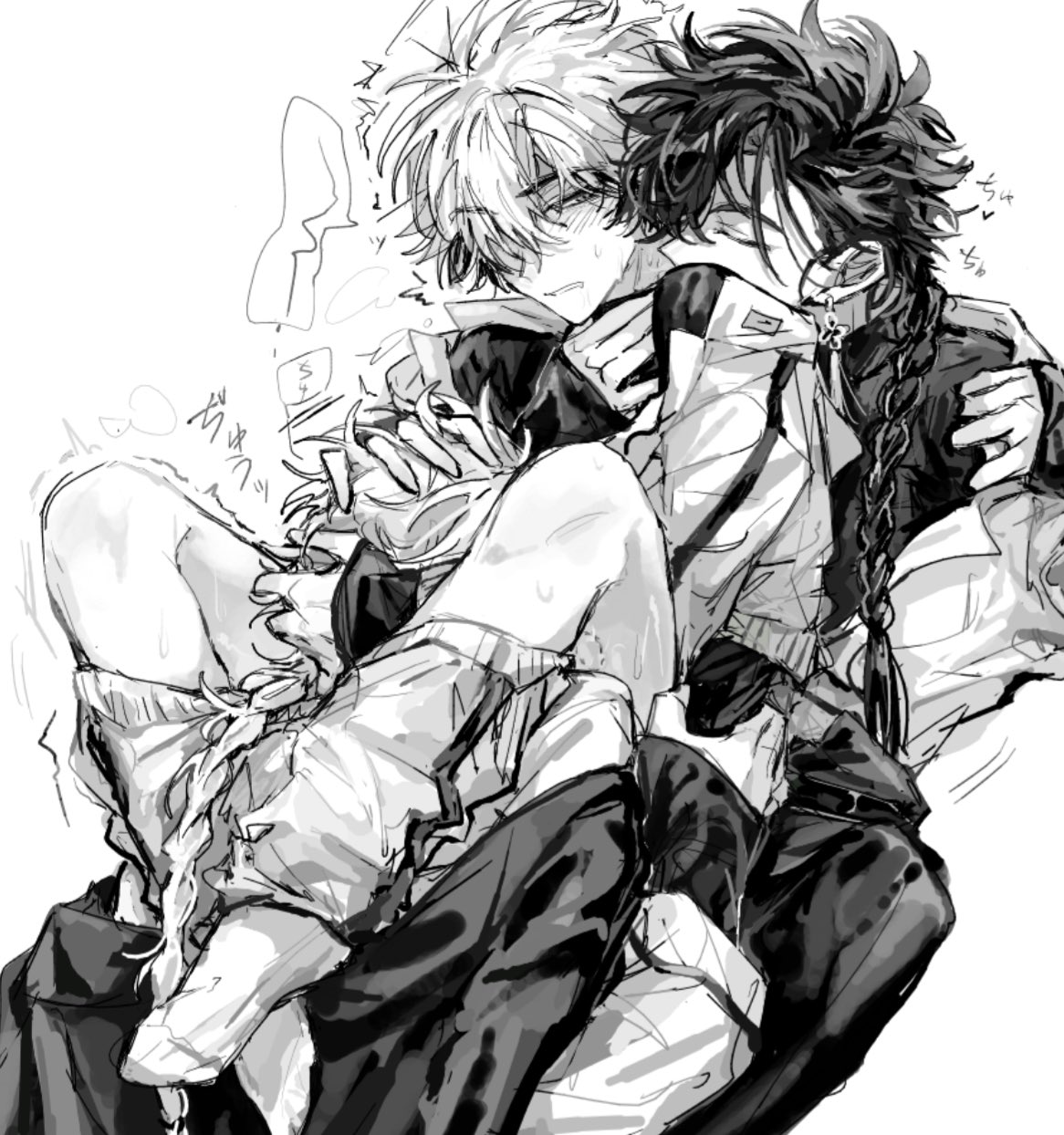 tyoookozuki, xia fei, xiao weiying, shiguang dailiren, highres, 3boys, anal, bite mark, blush, boy sandwich, braid, braided ponytail, clone, clone harem, closed eyes, clothes grab, clothes pull, coat, coat on shoulders, collared shirt, dual persona, earrings, fellatio, greyscale, group sex, hands on another's head, hug, hug from behind, implied fellatio, implied sex, jacket, jewelry, kiss, kissing neck, leg lock, long hair, long sleeves, looking at another, male focus, messy hair, mmm threesome, monochrome, multiple boys, off shoulder, oral, pants, pants pull, parted lips, reverse cowgirl position, sandwiched, sex, sex from behind, shirt, short hair, simple background, single braid, sitting, sitting on lap, sitting on person, sketch, sleeves past wrists, socks, speech bubble, spread legs, straddling, sweat, tassel, tassel earrings, threesome, trembling, turtleneck, undershirt, white background, yaoi