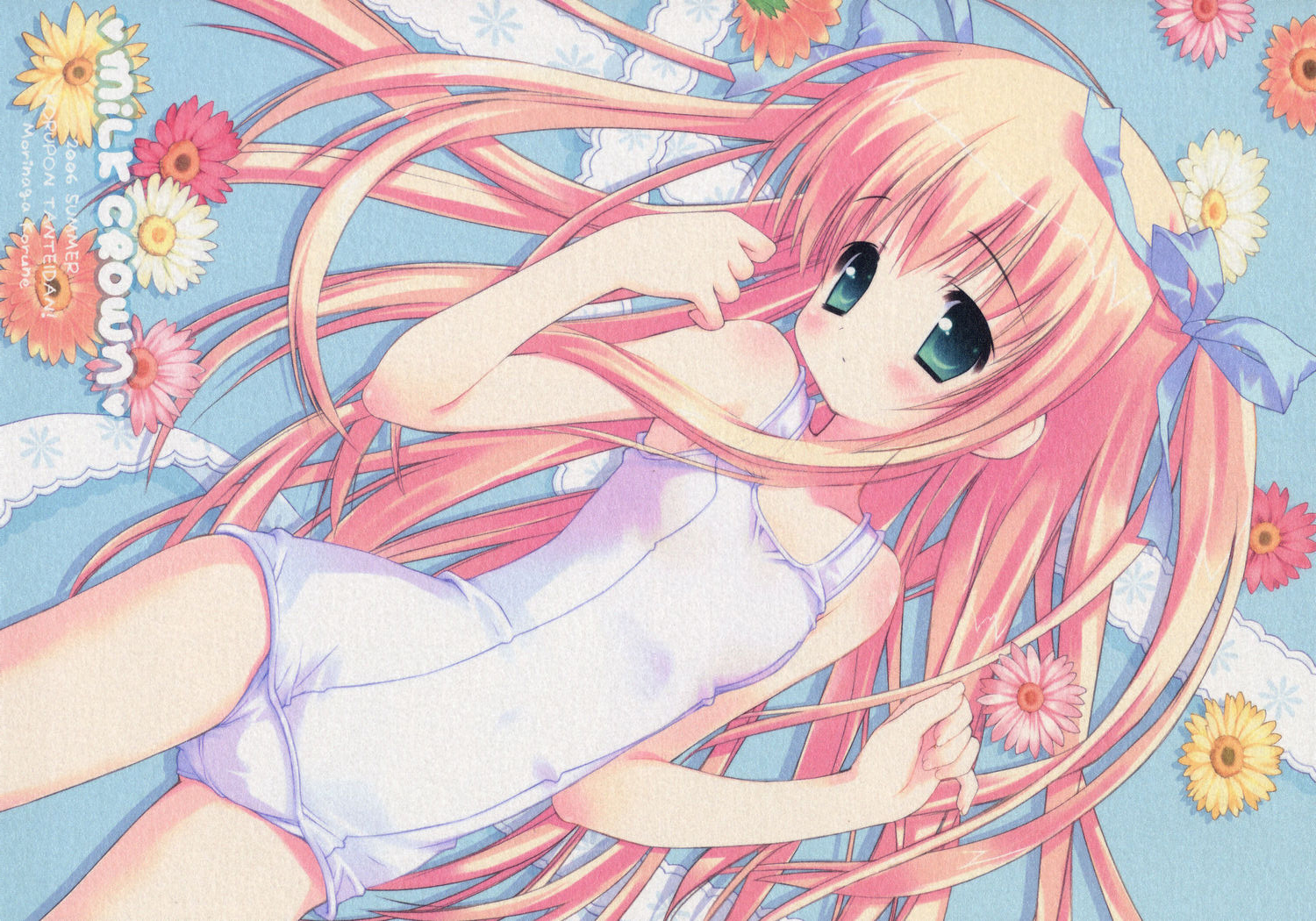 morinaga korune, original, 1girl, blonde hair, blue eyes, blush, dutch angle, female focus, flat chest, flower, green eyes, hair ribbon, loli, long hair, lying, on back, one-piece swimsuit, ribbon, school swimsuit, solo, swimsuit, twintails, white one-piece swimsuit, white school swimsuit