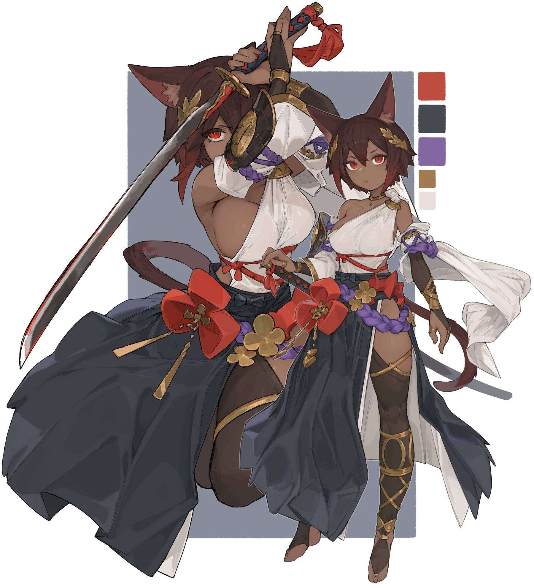 n9+, silver (shipsinfloat), original, check clothing, clothing request, commentary, commission, english commentary, flower request, highres, skeb commission, 1girl, :/, animal ear fluff, animal ears, arm ribbon, black bridal gauntlets, black skirt, black thighhighs, border, breasts, bridal gauntlets, brown hair, cat ears, cat girl, cat tail, closed mouth, color guide, double-parted bangs, floating clothes, flower, gold bridal gauntlets, gold flower, gold necklace, gold ribbon, grey background, hair between eyes, holding, holding sword, holding weapon, jewelry, katana, large breasts, laurel crown, leg ribbon, long sleeves, multiple views, necklace, purple ribbon, red eyes, red flower, ribbon, robe, short hair, simple background, skirt, stola, swinging weapon, sword, tail, thighhighs, two-tone bridal gauntlets, v-shaped eyebrows, weapon, white border, white robe, white sleeves