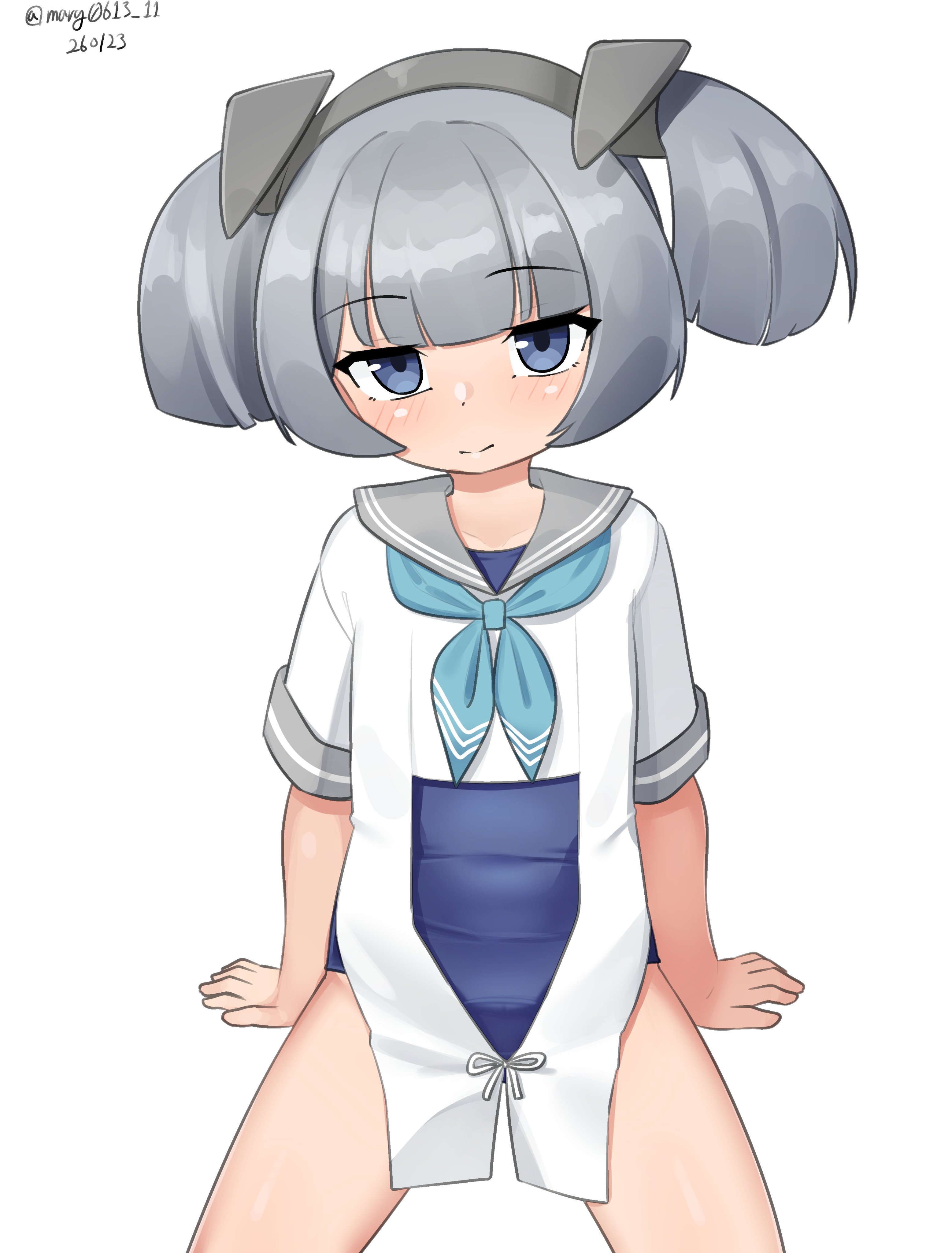 maru (marg0613), i-36 (kancolle), kantai collection, absurdres, commentary request, highres, 1girl, aqua neckerchief, blue one-piece swimsuit, dated, grey eyes, grey hair, grey sailor collar, headgear, neckerchief, one-hour drawing challenge, one-piece swimsuit, sailor collar, sailor shirt, school swimsuit, shirt, simple background, sitting, smile, solo, swimsuit, swimsuit under clothes, twintails, twitter username, white background, white shirt