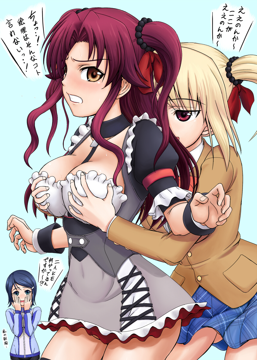 inanaki shiki, mizutani eri, ozaki reiko, suzuki ayane, idolmaster, idolmaster dearly stars, highres, translation request, 00s, 3girls, between breasts, blonde hair, blush, breasts, cleavage, grabbing another's breast, groping, large breasts, multiple girls, purple hair, short hair