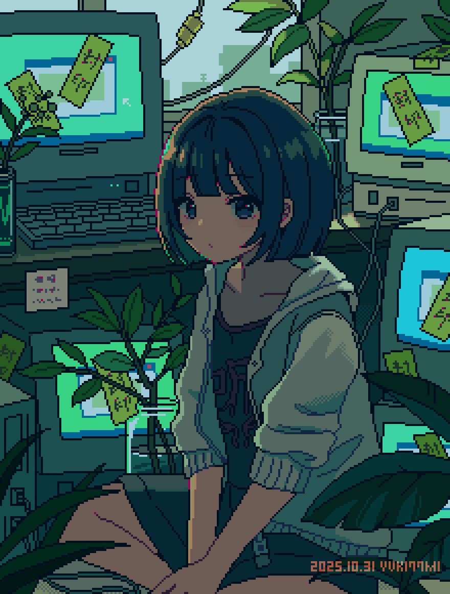 nanami yuki (yuki77mi), original, commentary, symbol-only commentary, 1girl, artist name, computer, computer keyboard, crt, dated, grey jacket, hood, hooded jacket, indoors, jacket, looking at viewer, monitor, open clothes, open jacket, pixel art, plant, potted plant, print shirt, shirt, sitting, skirt, sleeves pushed up, solo, vase, window
