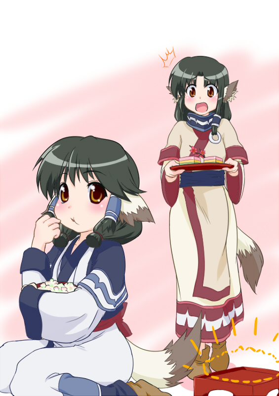 pokopen, aruruu, eruruu, utawarerumono, 2girls, animal ears, black hair, brown eyes, dog ears, eating, hair ornament, japanese clothes, layered sleeves, long hair, multiple girls, simple background, sitting, tail, tray