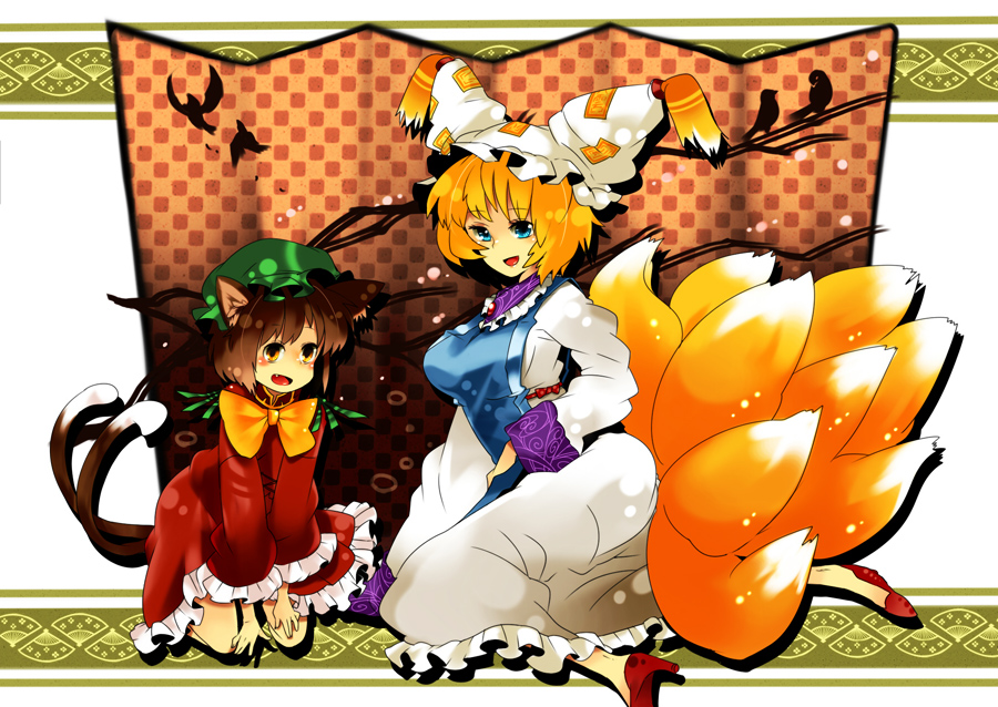 nekobu, nekonote (neconote), chen, yakumo ran, touhou, 2girls, :d, animal ears, cat ears, cat girl, cat tail, female focus, fox ears, fox tail, hat, looking at viewer, mob cap, multiple girls, multiple tails, nekomata, open mouth, smile, tail, two tails