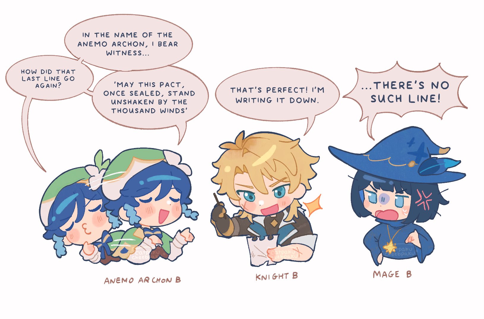 paku (cheebpaku), artoria pendragon (fate), varka (genshin impact), venti (genshin impact), genshin impact, commentary, english commentary, highres, 1girl, 2boys, afterimage, anger vein, black hair, blonde hair, blue eyes, blue hair, chibi, chibi only, closed eyes, design speculation, english text, facial scar, facing another, gauntlets, hair between eyes, hat, hat feather, holding, holding paper, long sleeves, looking at another, looking at object, motion lines, multiple boys, multiple scars, open mouth, paper, puckered lips, scar, scar on arm, scar on cheek, scar on face, short hair, simple background, single gauntlet, smile, upper body, v-shaped eyebrows, witch, witch hat