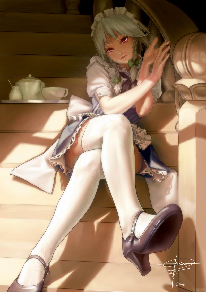 geister, izayoi sakuya, embodiment of scarlet devil, touhou, jpeg artifacts, braid, crossed legs, feet, hair ribbon, high heels, legs, lips, maid, maid headdress, mary janes, realistic, red eyes, ribbon, shoes, sitting, solo, stairs, teapot, thighhighs, twin braids, white thighhighs, zettai ryouiki