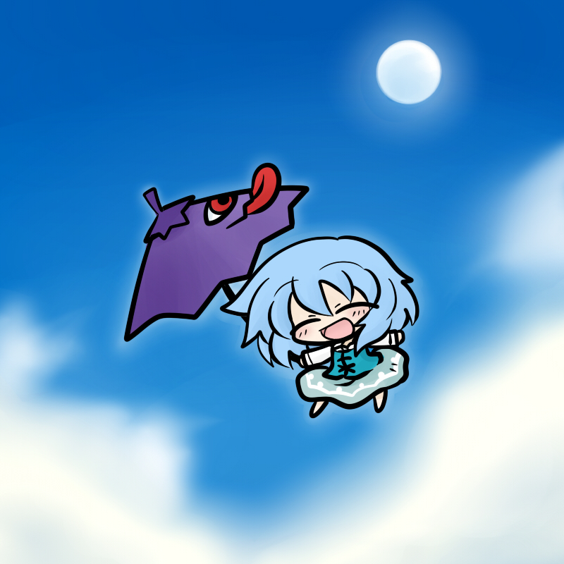 yanagi (nurikoboshi), tatara kogasa, touhou, 1girl, blue hair, chibi, cloud, female focus, full body, karakasa obake, outdoors, short hair, sky, solo, tongue, umbrella, umbrella riding