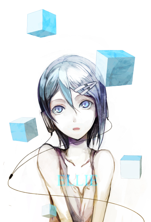 pos (shiratama-ya), mizutani eri, idolmaster, bad id, bad pixiv id, 1girl, blue eyes, blue hair, earphones, female focus, hair ornament, hairclip, matching hair/eyes, short hair, solo, white background