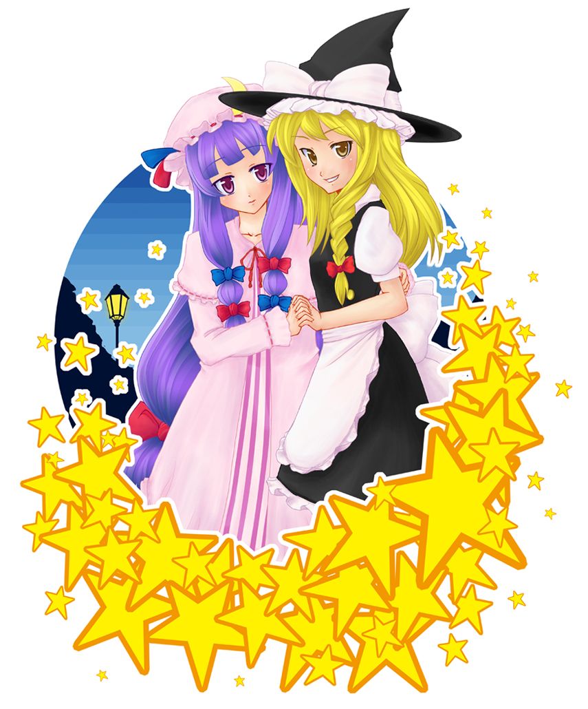 dorogumi, kirisame marisa, patchouli knowledge, touhou, 2girls, apron, blonde hair, braid, capelet, circle, dress, female focus, hat, hat ribbon, holding hands, lamp, multiple girls, purple hair, ribbon, sky, smile, star (symbol), witch, witch hat