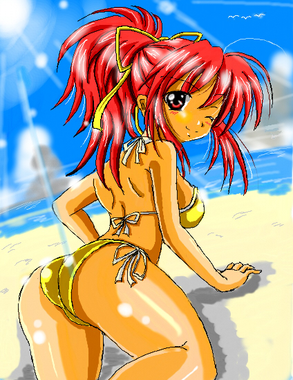 kurokuro (koulen1206), original, bad id, bad pixiv id, 1girl, all fours, ass, bikini, female focus, lens flare, long hair, looking back, one eye closed, ponytail, red eyes, red hair, solo, sun, swimsuit, tan, wink, yellow bikini