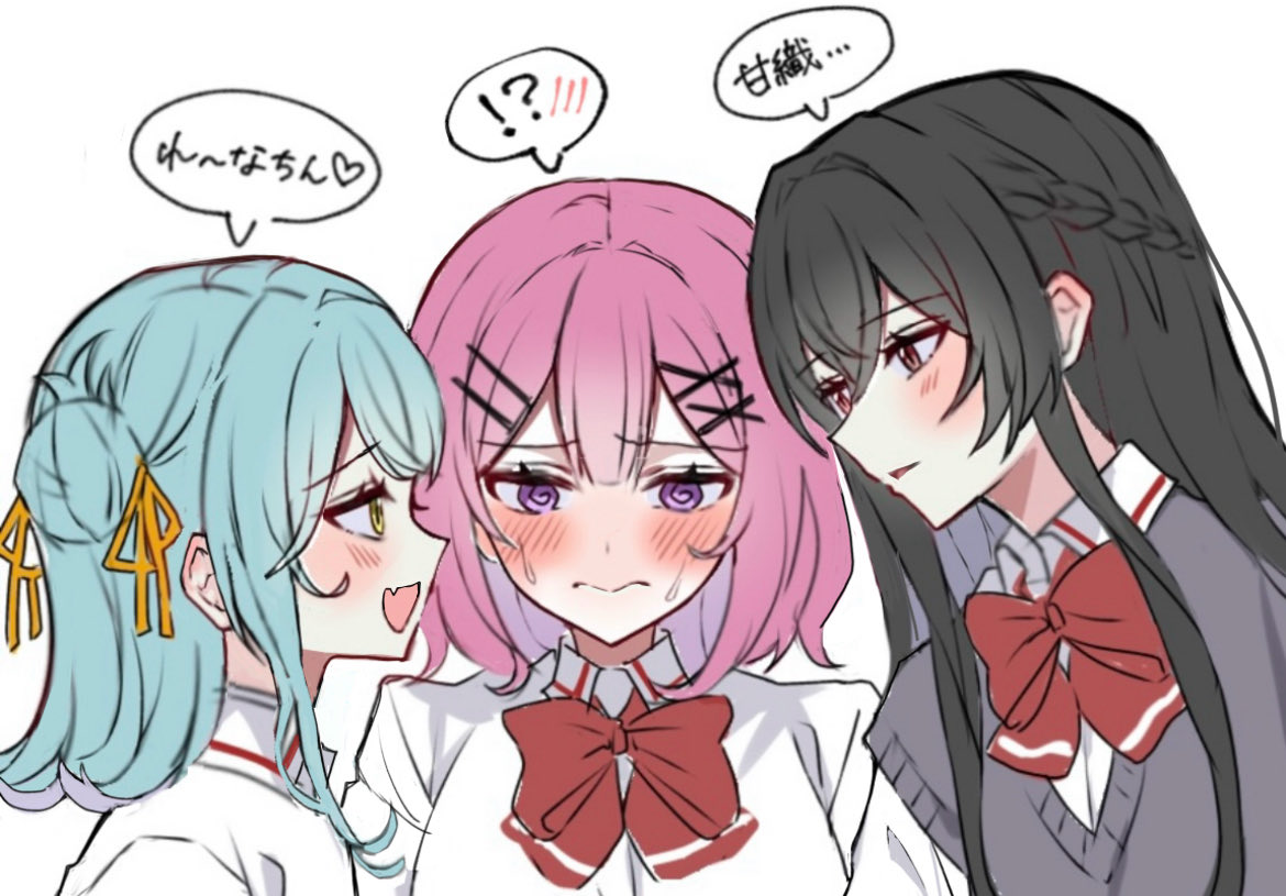 amaori renako, koto satsuki, koyanagi kaho, watashi ga koibito ni nareru wake naijan murimuri!, commentary request, translation request, 3girls, @ @, ashigaya high school uniform, black hair, blue hair, blush, bow, bowtie, braid, closed mouth, collared shirt, girl sandwich, grey sweater vest, hair bun, half up braid, harumashi (harumashi12), medium hair, multiple girls, parted lips, pink hair, purple eyes, red bow, red bowtie, red eyes, sandwiched, school uniform, shirt, simple background, single side bun, speech bubble, sweat, sweater vest, white background, white shirt, yellow eyes, yuri