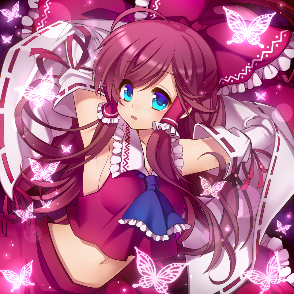masaru.jp, hakurei reimu, phantasmagoria of flower view, touhou, bad id, bad pixiv id, 1girl, ahoge, alternate color, alternate hair color, armpits, arms up, blue eyes, bow, breasts, brown hair, bug, butterfly, detached sleeves, female focus, hair bow, japanese clothes, large bow, long hair, medium breasts, midriff, miko, navel, purple hair, ribbon, sideboob, solo