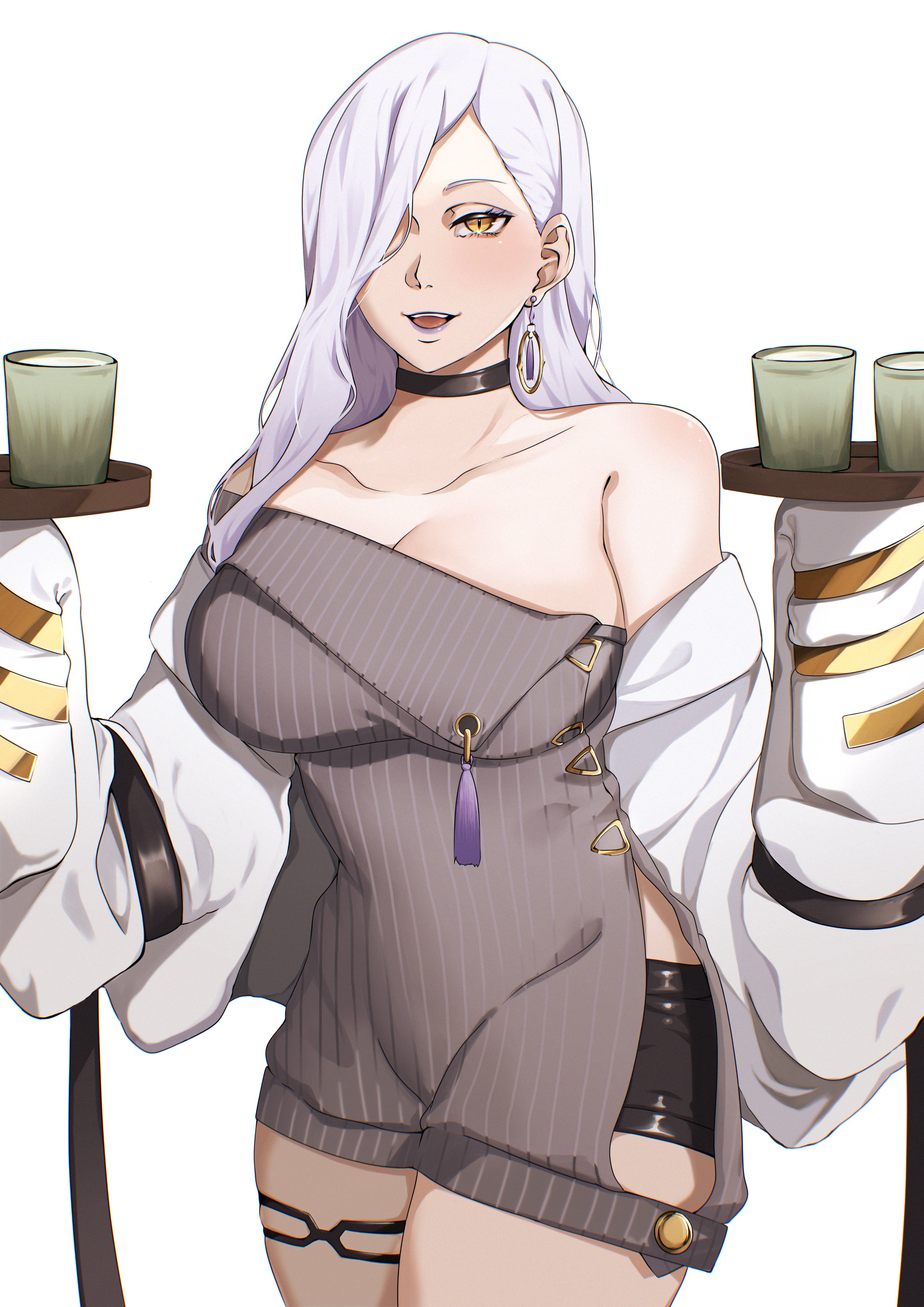 nikumaki43, mrs. snake (fate), fate/grand order, fate (series), absurdres, commentary request, highres, 1girl, breasts, cleavage, earrings, grey sweater, hair over one eye, hair over shoulder, jewelry, large breasts, long hair, looking at viewer, mrs. snake (second ascension) (fate), open mouth, purple lips, smile, solo, sweater, white hair, yellow eyes