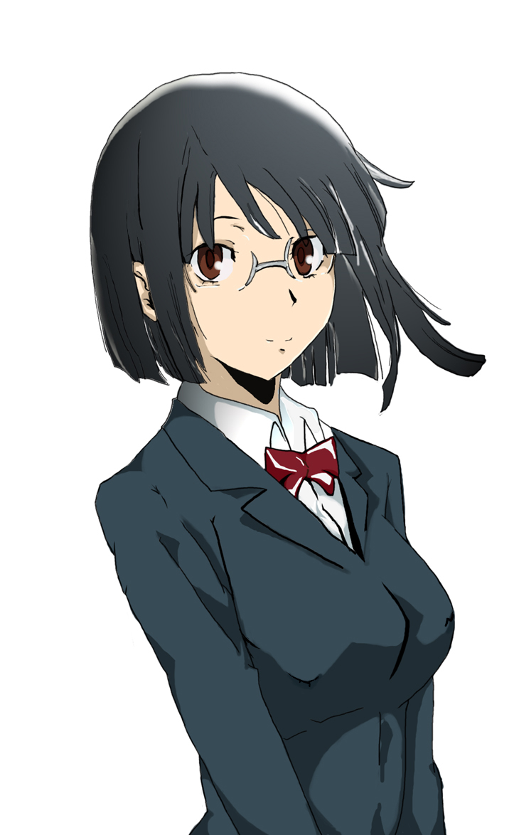 poniy, sonohara anri, durarara!!, 1girl, black hair, bob cut, breasts, female focus, glasses, large breasts, red eyes, school uniform, short hair, simple background, solo, white background