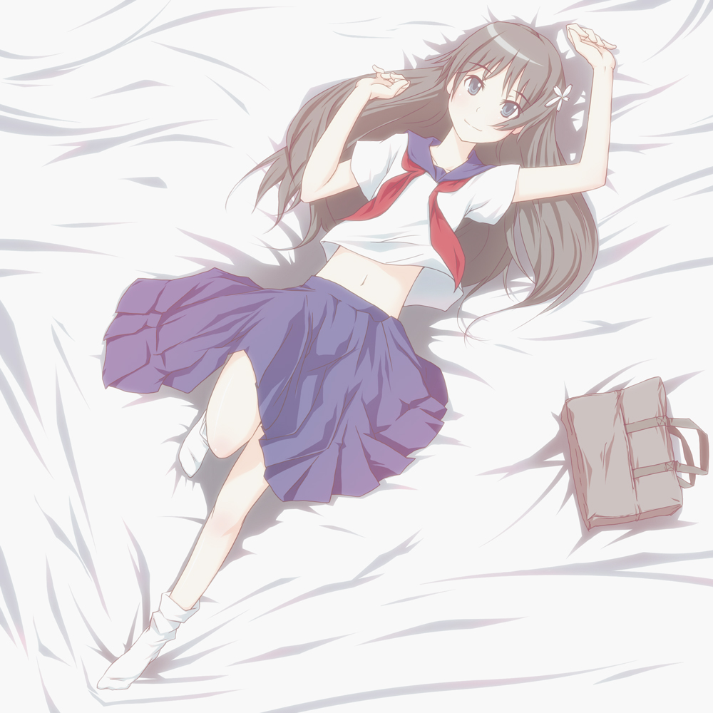 tw2ko, saten ruiko, toaru kagaku no railgun, toaru majutsu no index, bad id, bad pixiv id, 1girl, bag, black hair, female focus, flower, green eyes, hair flower, hair ornament, long hair, lying, midriff, school uniform, serafuku, solo