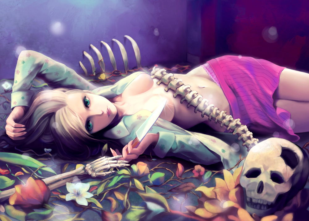 itori (clarice note), original, bad id, bad pixiv id, 1girl, aqua eyes, blonde hair, blue eyes, bone, breasts, cleavage, female focus, green eyes, groin, knife, lips, lying, medium breasts, navel, on side, open clothes, open shirt, reverse grip, shirt, skirt, skull, solo