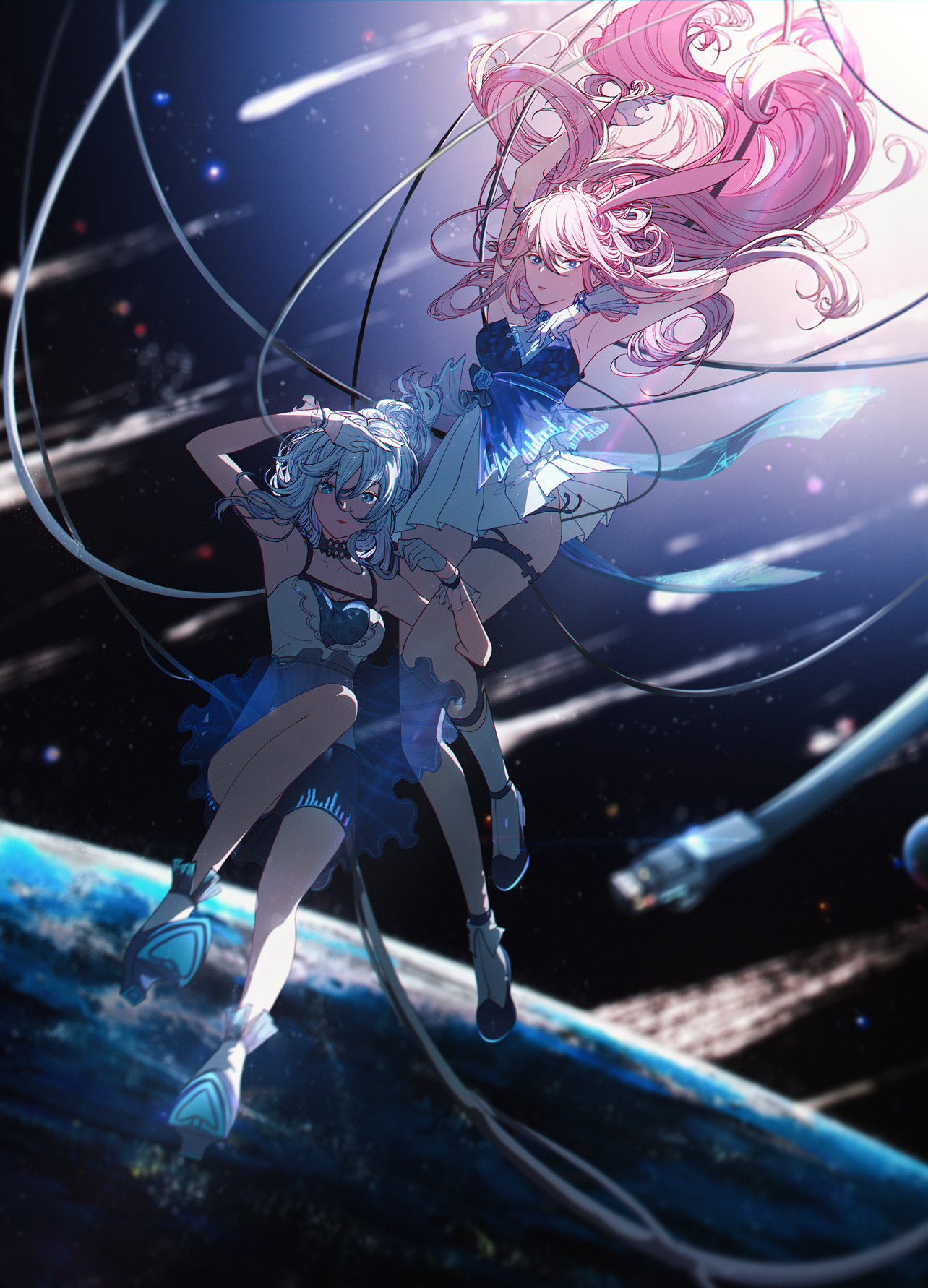 emio, kallen kaslana, yae sakura, honkai (series), honkai impact 3rd, chinese commentary, commentary request, highres, 2girls, alternate costume, animal ears, aqua eyes, aqua hair, arm around leg, armpits, arms up, blue dress, blurry, blurry background, couple, dress, earth (planet), floating, floating hair, hair between eyes, hair floating upwards, looking down, meteor shower, multiple girls, open mouth, pink hair, planet, shooting star, space, star (sky), thighs, yuri