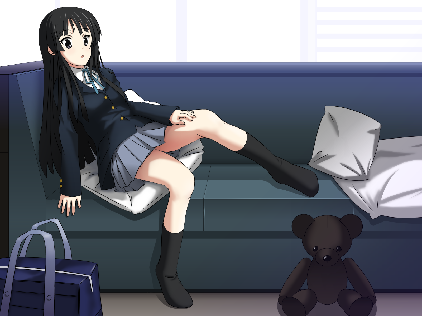 yuragi (amriel), akiyama mio, k-on!, bad id, bad pixiv id, highres, 1girl, bag, black eyes, black hair, couch, female focus, full body, hime cut, indoors, long hair, pillow, school uniform, solo, stuffed animal, stuffed toy, teddy bear