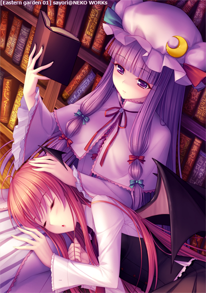 sayori (neko works), koakuma, patchouli knowledge, embodiment of scarlet devil, touhou, bad id, bad pixiv id, 2girls, bat wings, blunt bangs, book, bookshelf, closed eyes, crescent moon, female focus, hair ribbon, hat, head wings, headpat, lap pillow, library, moon, multiple girls, open book, purple eyes, purple hair, reading, red hair, ribbon, sitting, sleeping, voile, wings