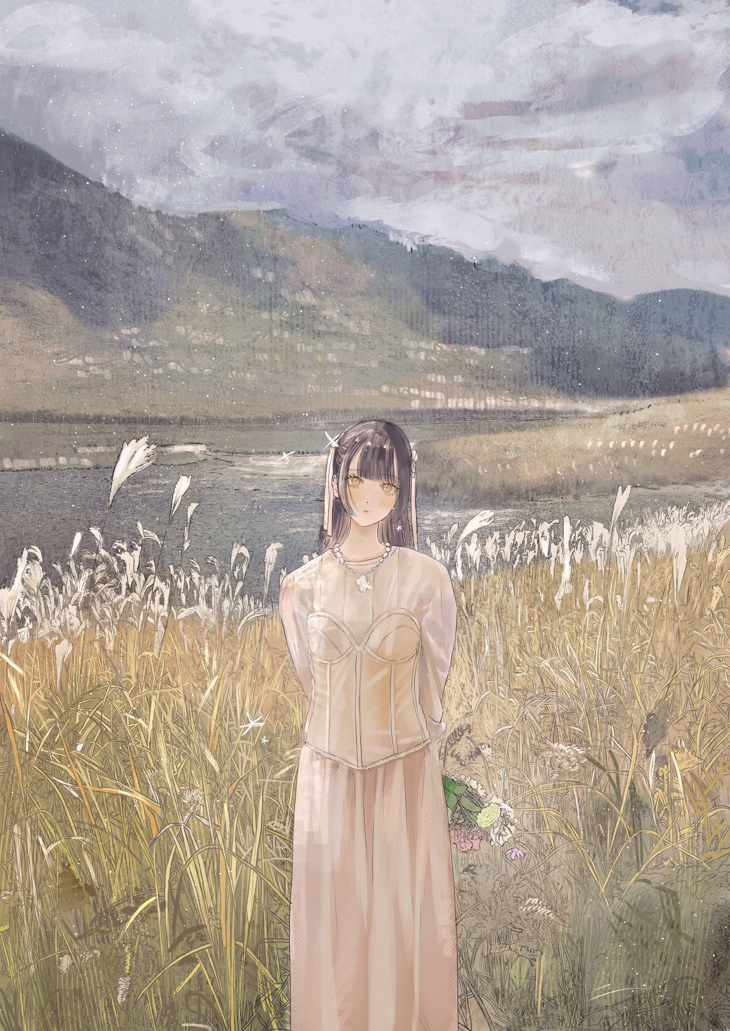 purupurualiens, original, highres, 1girl, arms behind back, black hair, blush, bodice, bouquet, closed mouth, dress, flower, grass, grey eyes, grey sky, hair ribbon, hill, holding, holding bouquet, jewelry, long hair, long sleeves, looking at viewer, necklace, outdoors, overcast, ribbon, river, scenery, sky, solo, standing, white bodice, white dress, white ribbon, wide shot