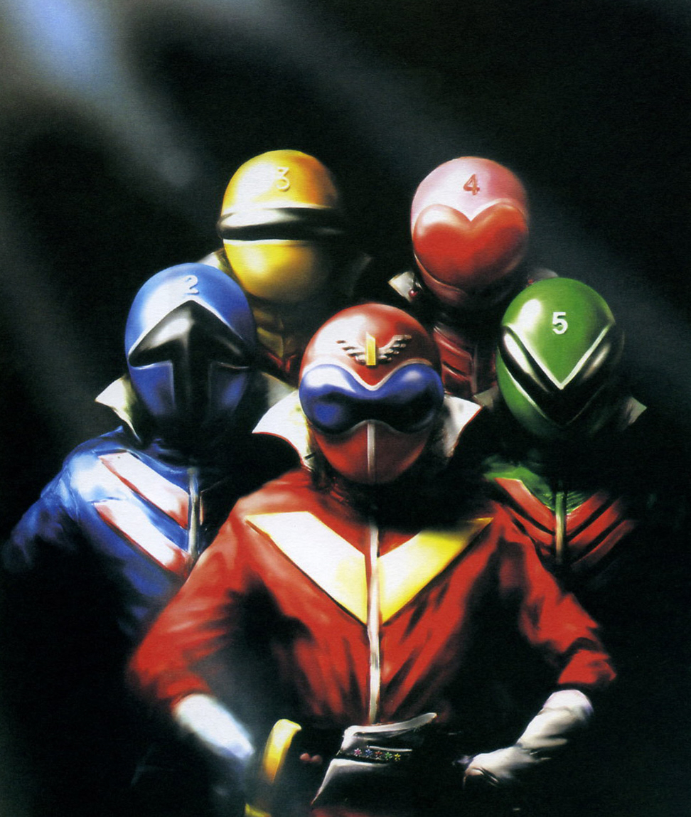 himitsu sentai gorenger, super sentai, tokusatsu, blue theme, green theme, helmet, pink theme, red theme, yellow theme