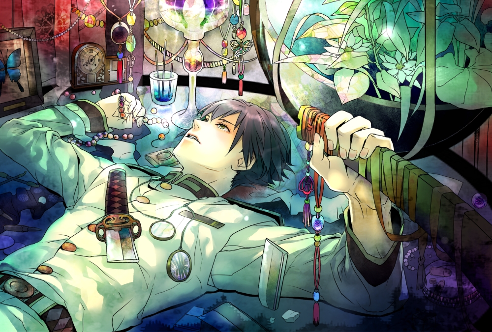 saiga tokihito, japan (hetalia), axis powers hetalia, bad id, bad pixiv id, 1boy, black hair, broken, broken sword, broken weapon, colorful, flower, jewelry, lying, male focus, military, military uniform, short hair, solo, sword, weapon