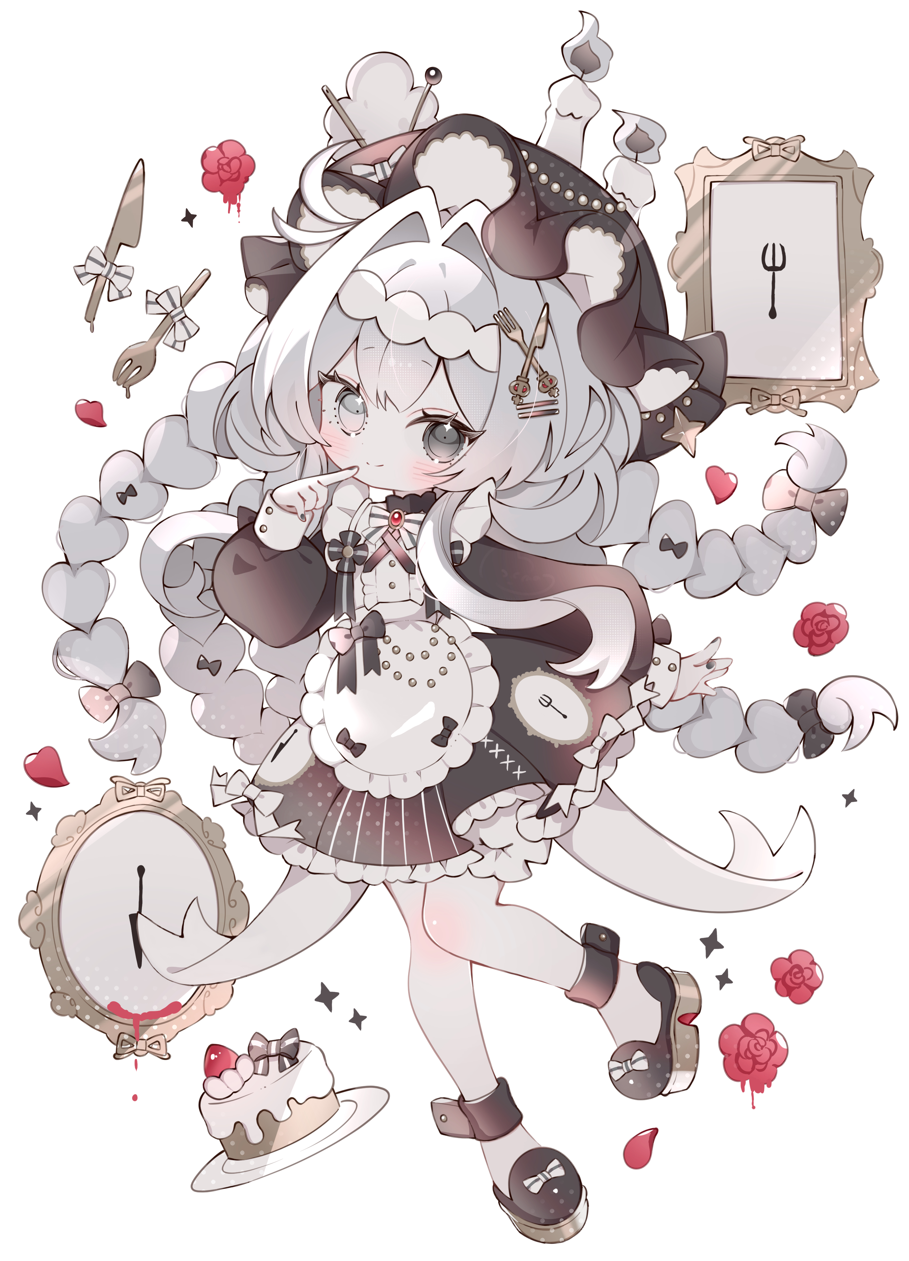 koronothu, original, absurdres, commentary request, highres, 1girl, apron, black bow, black dress, black eyes, black hat, black shoes, blush, bow, bowtie, braid, cake, closed mouth, double-parted bangs, dress, food, fork hair ornament, frilled apron, frilled dress, frills, full body, hair bow, hair intakes, hair ornament, hairclip, hand up, hat, heterochromia, index finger raised, knife hair ornament, long hair, long sleeves, looking at viewer, mob cap, multiple braids, parallel hairclips, plate, shoes, simple background, smile, solo, standing, standing on one leg, striped bow, striped bowtie, striped clothes, white apron, white background, white bow, white bowtie, white eyes, white hair