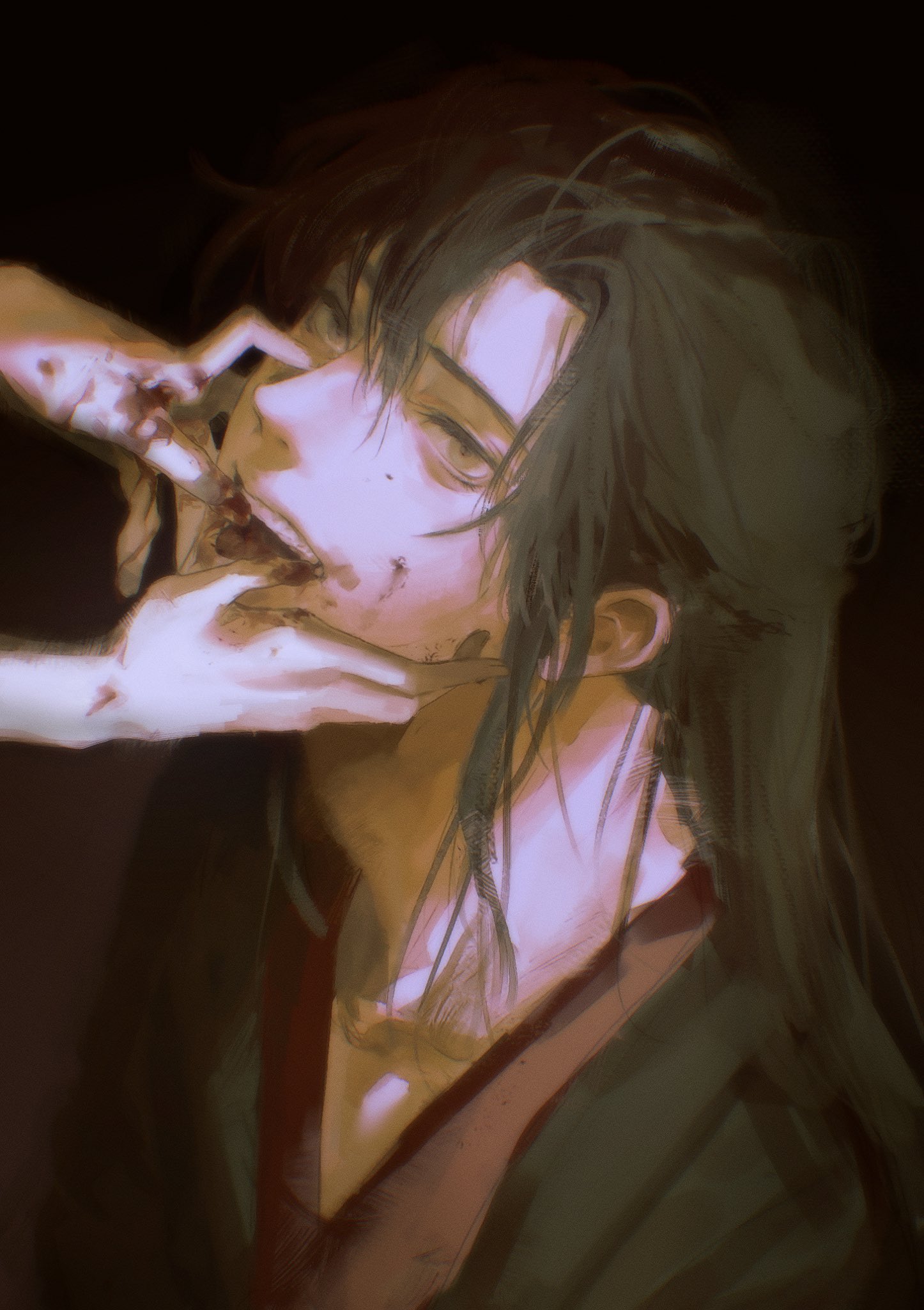 wei wuxian, wei wuxian (yiling laozu), modao zushi, commentary, highres, symbol-only commentary, 2boys, ahoge, black background, black hair, black hanfu, blood, blood from mouth, blood on clothes, blood on face, blood on hands, chinese clothes, collarbone, fangs, finger in another's mouth, grey eyes, hair between eyes, hair down, half updo, hands on another's face, hanfu, implied yaoi, injury, long hair, looking at viewer, looking up, male focus, multiple boys, official alternate hairstyle, open mouth, out of frame, robe, sidelocks, simple background, solo focus, tama (y ung 1), teeth, tongue, tongue out, upper body