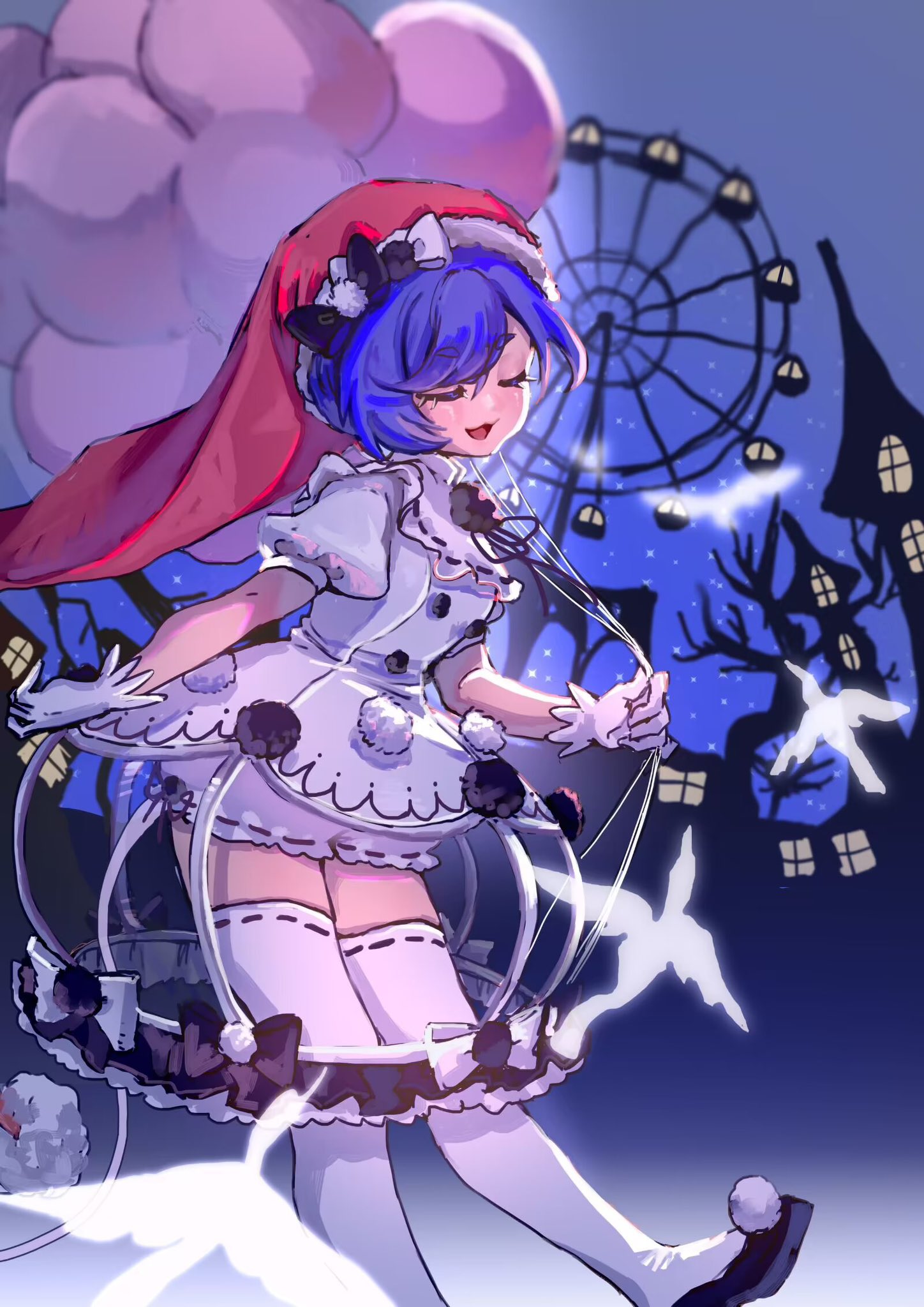 shouxishao jiuyuan, doremy sweet, touhou, commentary, highres, 1girl, :3, alternate costume, balloon, closed eyes, dress, facing viewer, ferris wheel, gloves, hat, holding, holding balloon, night, nightcap, open mouth, pom pom (clothes), puffy short sleeves, puffy sleeves, purple hair, red hat, ribbon-trimmed thighhighs, ribbon trim, short sleeves, smile, solo, thighhighs, white dress, white gloves, white thighhighs