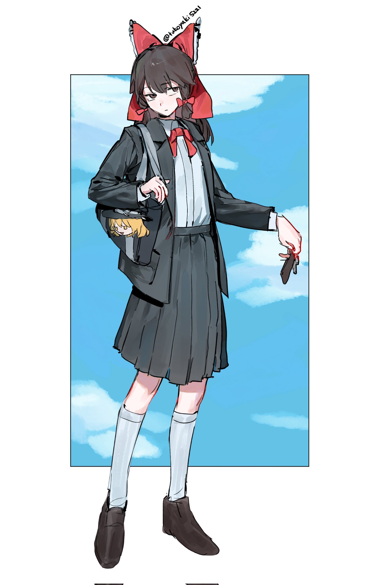hakurei reimu, kirisame marisa, touhou, commentary request, corrupted twitter file, highres, 1girl, alternate costume, bag, bag charm, black bag, black jacket, black shoes, black skirt, bow, bowtie, brown eyes, brown hair, charm (object), frilled bow, frills, full body, hair bow, holding, holding key, jacket, key, knees, long hair, long sleeves, open clothes, open jacket, pleated skirt, red bow, red bowtie, school bag, school uniform, shirt, shoes, skirt, socks, solo, takoyaki5221, twitter username, white shirt, white socks, yukkuri shiteitte ne