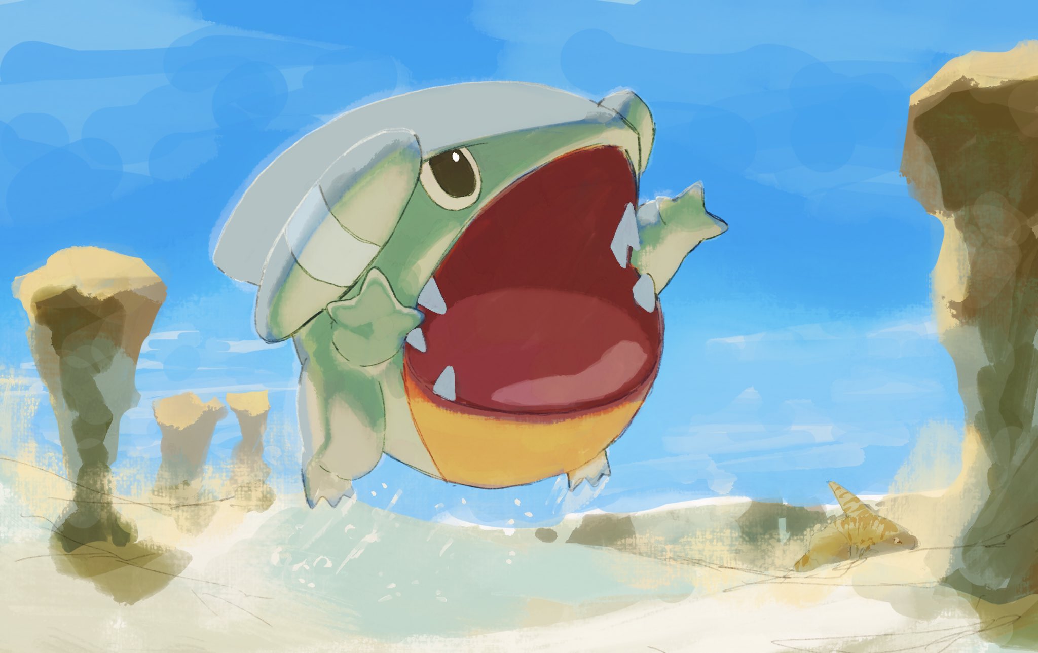 sakuraiisui, gible, nintendo, pokemon, pokemon dppt, hashtag-only commentary, highres, black eyes, blue skin, blue sky, colored skin, desert, fins, gen 4 pokemon, jumping, no humans, open mouth, pokemon (creature), pokemon focus, rock, sand, sand dune, shark, sharp teeth, sky, teeth