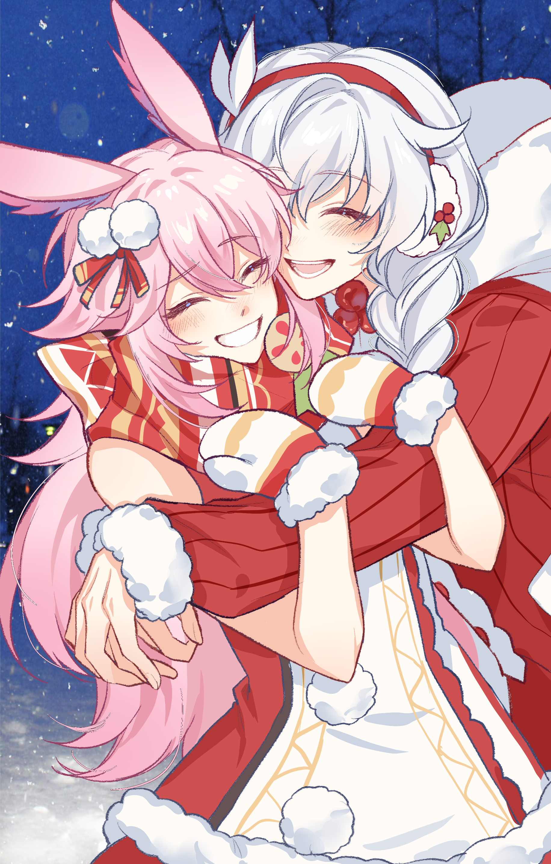 kallen kaslana, yae sakura, honkai (series), honkai impact 3rd, absurdres, chinese commentary, commentary request, highres, 2girls, 3056365256, alternate costume, bare shoulders, blush, braid, christmas, closed eyes, couple, dress, earmuffs, fur trim, gloves, hair between eyes, hair ornament, happy, heads together, hood, hood down, hug from side, leaning on person, leaning to the side, merry christmas, multiple girls, night, open mouth, outdoors, pink hair, santa costume, santa dress, scarf, sleeveless, smile, snowing, teeth, twin braids, white hair, yuri