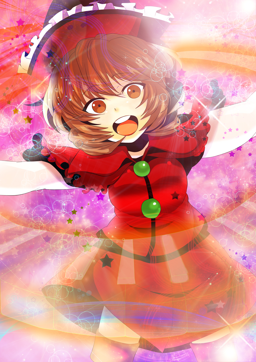 kitakaze higashikaze, lyrica prismriver, touhou, highres, 1girl, brown eyes, brown hair, dress, female focus, hat, instrument, keyboard, musical note, piano keys, solo, star (symbol), thighhighs