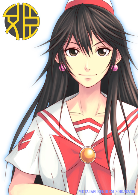 k-suwabe, akira ferrari, aria (manga), uniform, 00s, brown eyes, brown hair, earrings, hat, jewelry, logo, long hair, smile, solo