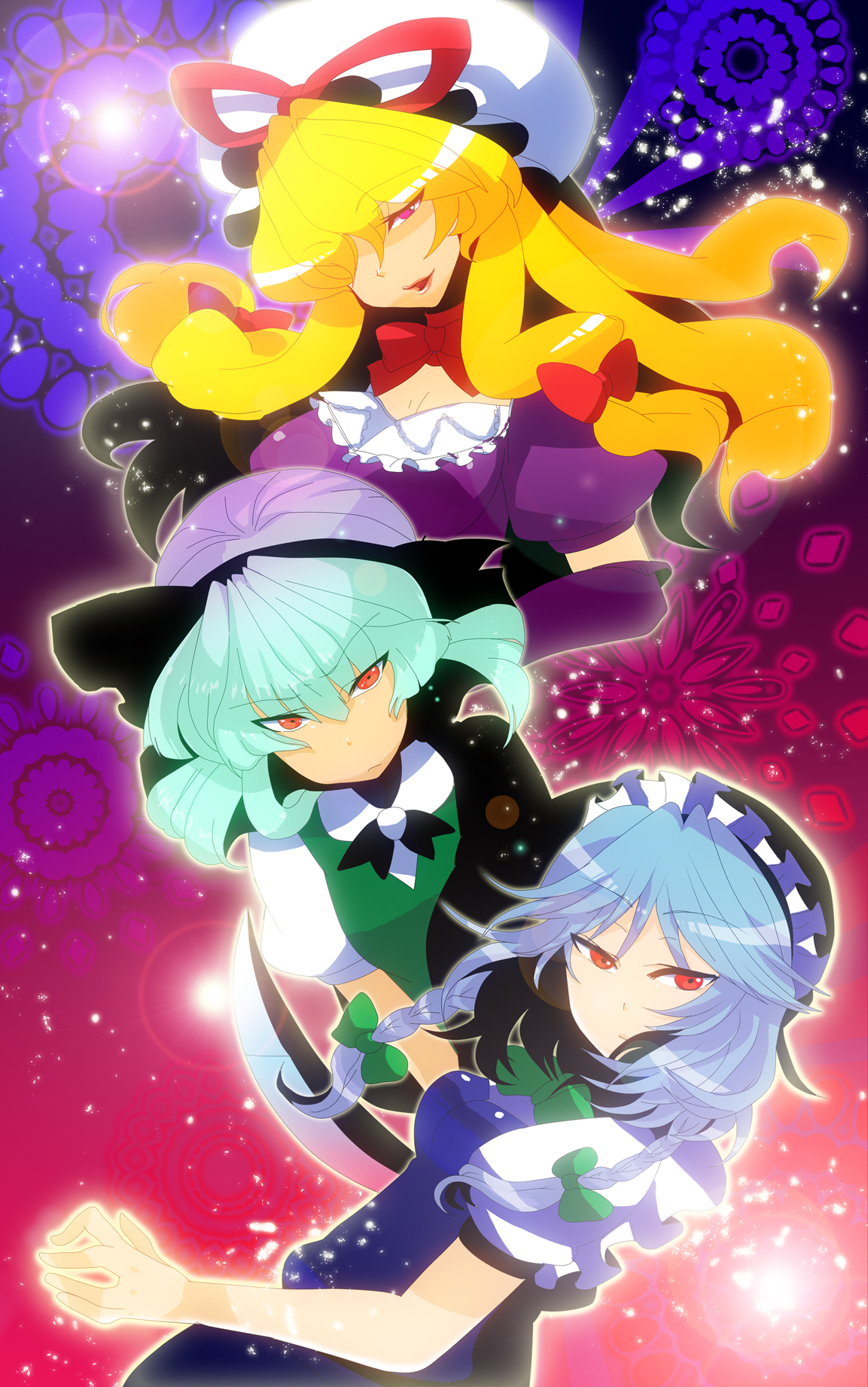 kitakaze higashikaze, izayoi sakuya, konpaku youmu, yakumo yukari, touhou, highres, 3girls, blonde hair, blue hair, bow, breasts, choker, dress, elbow gloves, female focus, gloves, hair bow, hair ribbon, hairband, hat, katana, large breasts, maid headdress, multiple girls, red eyes, ribbon, sword, weapon