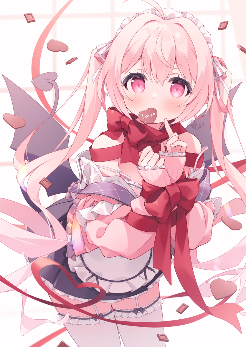 kano hito, original, commentary request, 1girl, ahoge, apron, bat wings, black bow, black skirt, black wings, blush, bound, bound wrists, bow, bow legwear, bra, candy, chocolate, chocolate heart, closed mouth, cowboy shot, double-parted bangs, food, food in mouth, frilled apron, frilled thighhighs, frills, garter straps, hair between eyes, hair intakes, heart, heart-shaped food, long hair, long sleeves, looking at viewer, maid headdress, off shoulder, pink bra, pink eyes, pink hair, pink sweater, pleated skirt, red ribbon, ribbon, skirt, sleeves past wrists, solo, sweater, thighhighs, twintails, underwear, white apron, white background, white thighhighs, wings