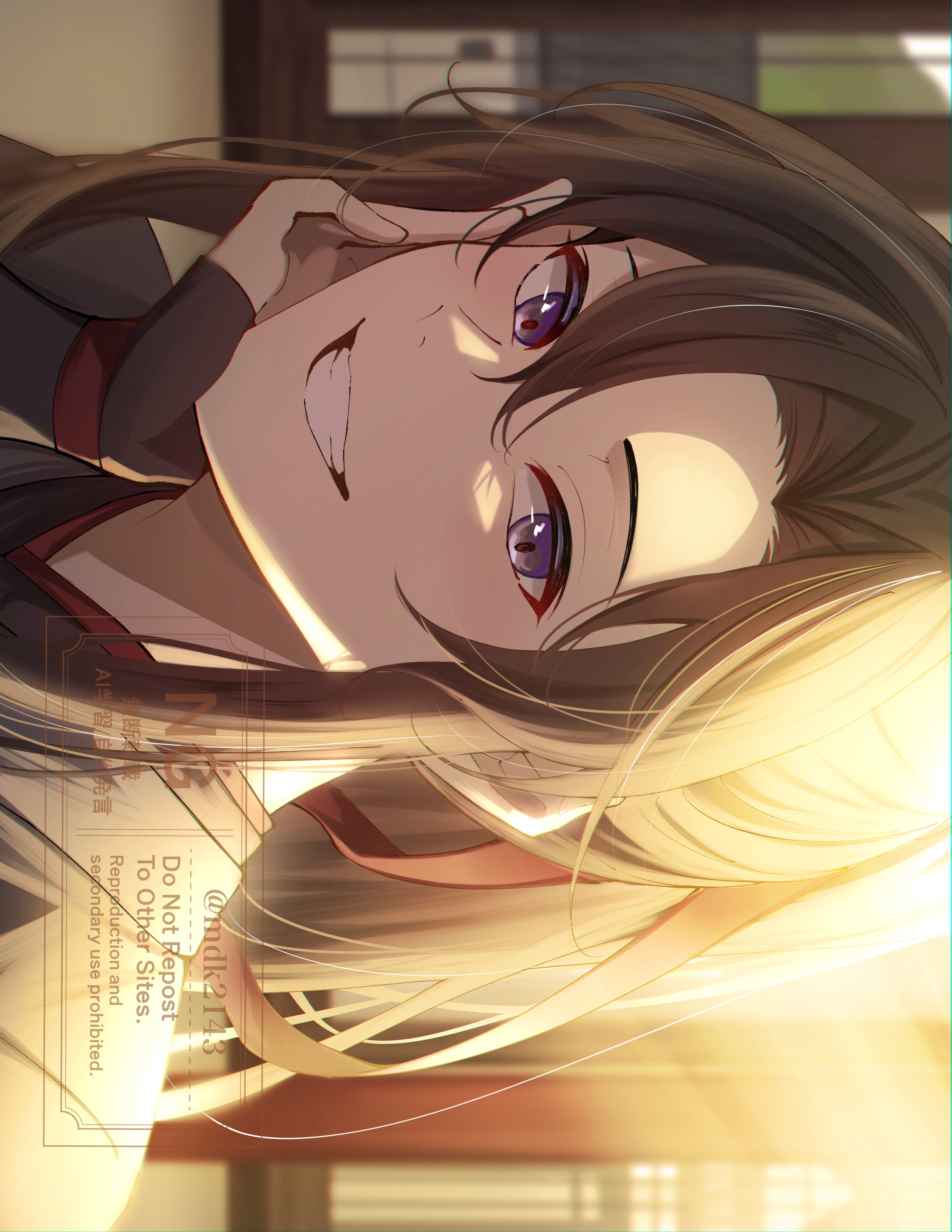 wei wuxian, modao zushi, absurdres, hashtag-only commentary, highres, 1boy, black hanfu, blurry, blurry background, brown hair, chinese clothes, grin, hair between eyes, hair ribbon, hand on own cheek, hand on own face, hanfu, head rest, indoors, long hair, long sleeves, looking at viewer, male focus, mdk2143, parted bangs, ponytail, portrait, purple eyes, red ribbon, ribbon, sidelocks, sideways, sleeves past wrists, smile, solo, sunlight, teeth, twitter username, watermark