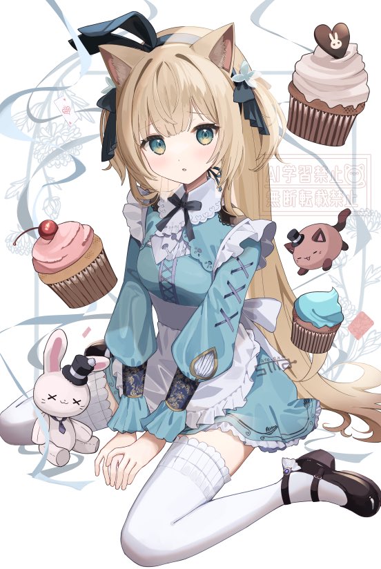 goma (u p), original, commentary, symbol-only commentary, 1girl, :o, animal, animal ear hairband, animal ears, apron, black bow, black bowtie, black hairband, black ribbon, black shoes, blonde hair, blue dress, blunt bangs, blush, bow, bowtie, cat, cat ears, cat girl, cupcake, dot nose, dress, fake animal ears, food, frilled apron, frilled dress, frilled thighhighs, frills, full body, green eyes, hair ribbon, hairband, long hair, long sleeves, looking at viewer, mary janes, open mouth, rabbit ear hairband, rabbit ears, ribbon, shoes, solo, thighhighs, two side up, watermark, white apron, white background, white thighhighs, zettai ryouiki