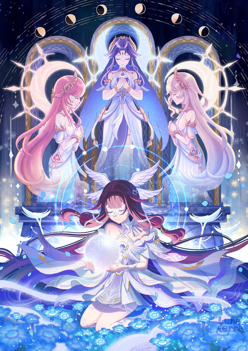 lunacerra, columbina (genshin impact), genshin impact, commentary, english commentary, highres, 4girls, aria (genshin impact), bare shoulders, black hair, blue dress, blue flower, blue hair, breasts, canon (genshin impact), closed eyes, closed mouth, detached sleeves, dress, flower, gradient hair, hair ornament, hands up, holding, kneeling, long hair, medium breasts, moon phases, multicolored hair, multiple girls, own hands together, pink hair, purple hair, sideboob, sleeveless, sleeveless dress, smile, sonnet (genshin impact), very long hair, white dress, wing hair ornament