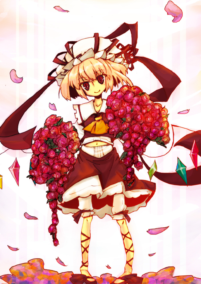 yamanyan, flandre scarlet, embodiment of scarlet devil, touhou, 1girl, blonde hair, blouse, collared shirt, female focus, flower, hat, head tilt, mob cap, petals, red eyes, shirt, short hair, smile, solo, white hat, white shirt, wings